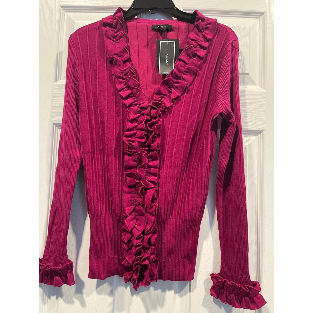 Alfani Magenta Pink Ruffle Ribbed Cardigan Sweater Womens Medium NWT